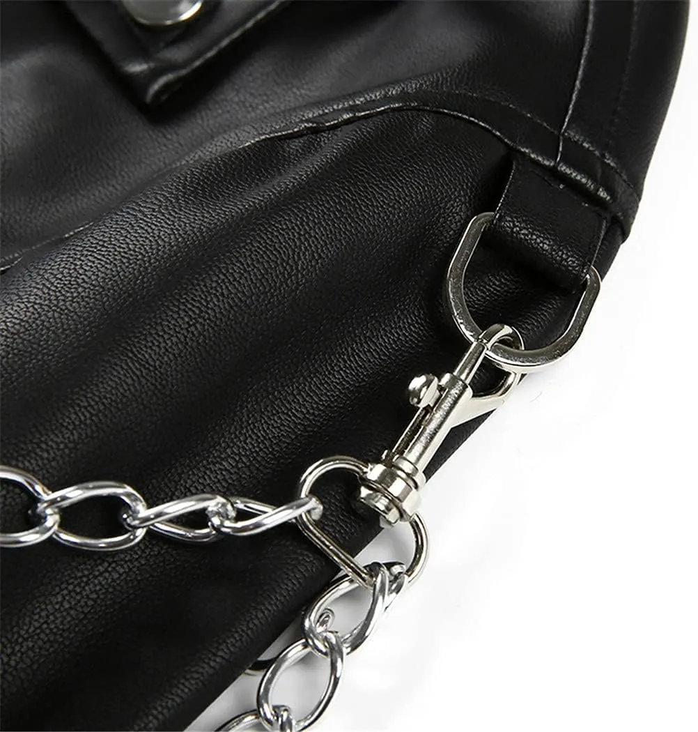 Faux Leather Cropped Jacket Women Punk Harajuku Black Coat Gothic Long Sleeve Overcoat With Chains