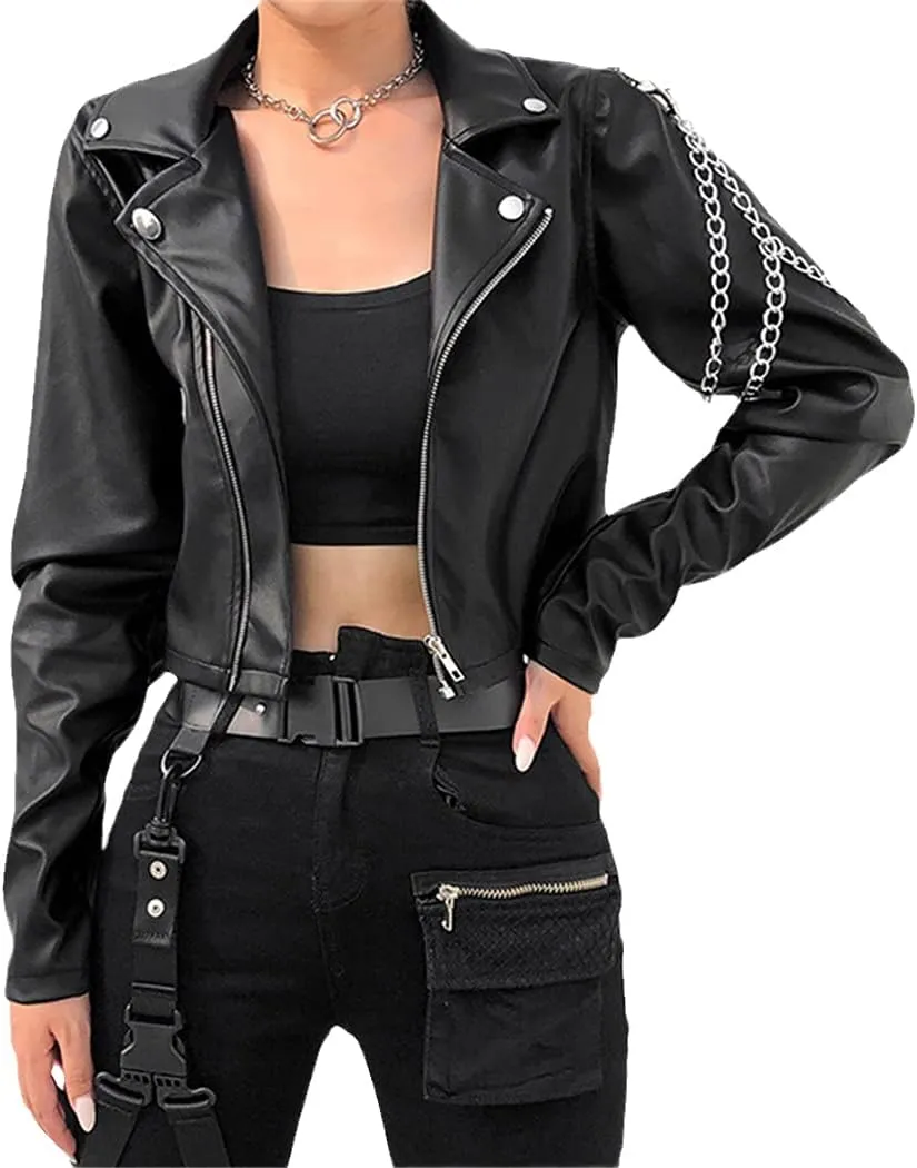 Faux Leather Cropped Jacket Women Punk Harajuku Black Coat Gothic Long Sleeve Overcoat With Chains