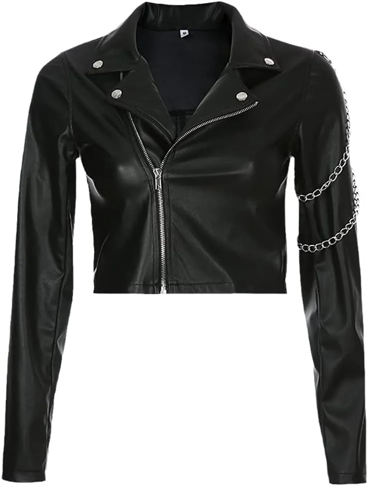 Faux Leather Cropped Jacket Women Punk Harajuku Black Coat Gothic Long Sleeve Overcoat With Chains