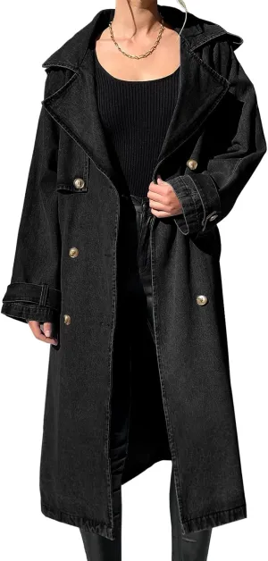 Fazortev Women's Long Double Breasted Denim Jacket Oversized Button Down Maxi Jean Coat Classic Lapel Outercoat