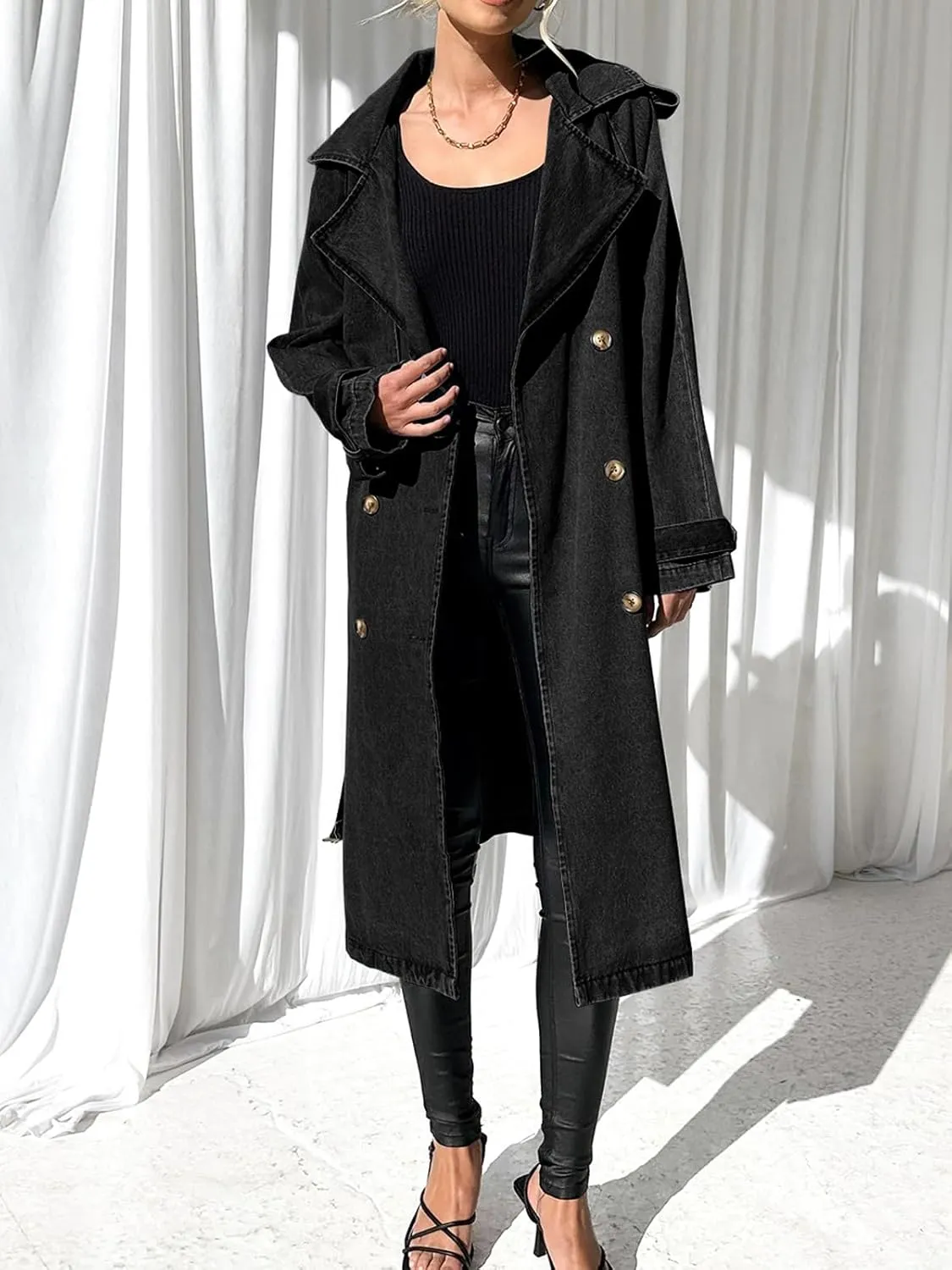 Fazortev Women's Long Double Breasted Denim Jacket Oversized Button Down Maxi Jean Coat Classic Lapel Outercoat