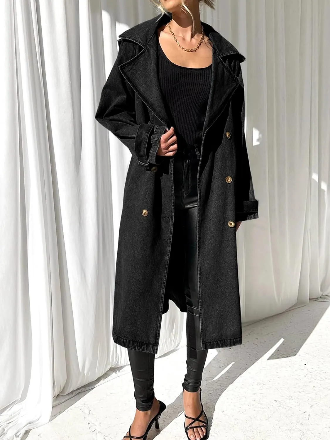 Fazortev Women's Long Double Breasted Denim Jacket Oversized Button Down Maxi Jean Coat Classic Lapel Outercoat