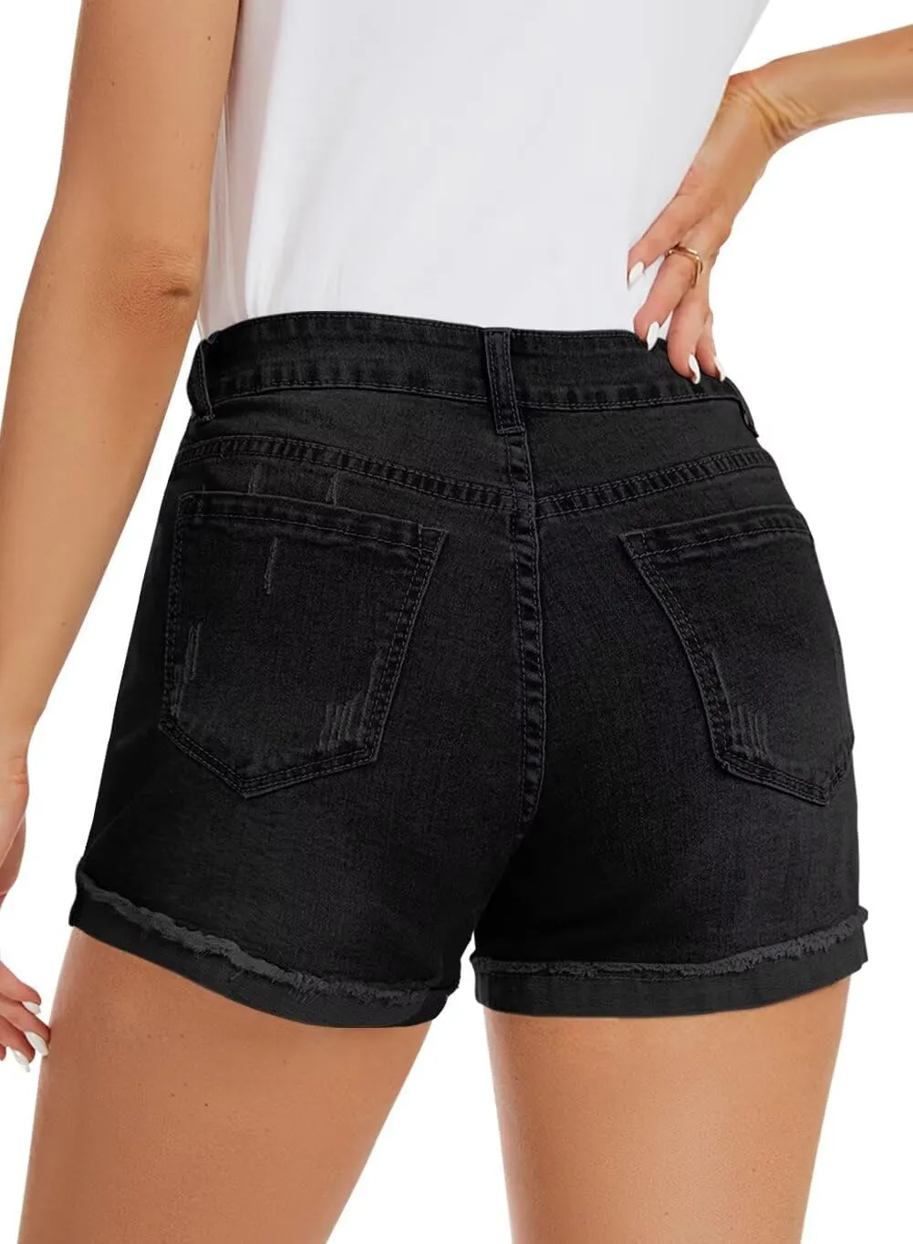 FEKOAFE 2025 Womens Casual Mid/High Waisted Denim Shorts Summer Stretchy Ripped Jean Shorts for Women