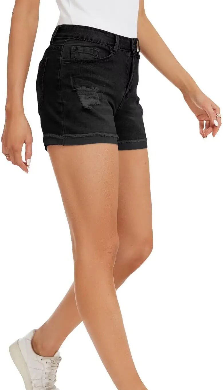 FEKOAFE 2025 Womens Casual Mid/High Waisted Denim Shorts Summer Stretchy Ripped Jean Shorts for Women