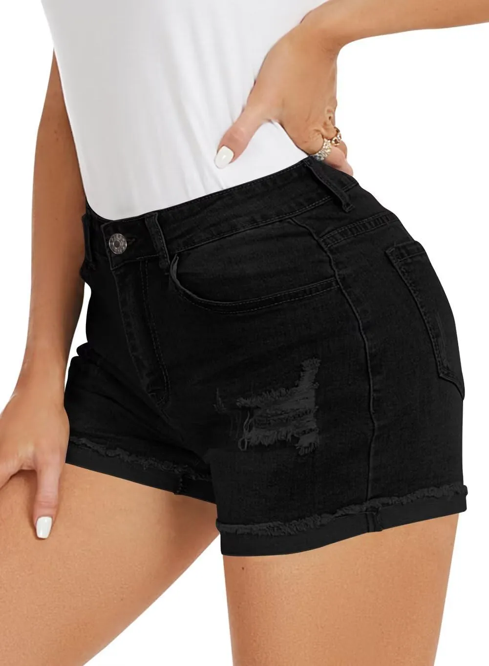 FEKOAFE 2025 Womens Casual Mid/High Waisted Denim Shorts Summer Stretchy Ripped Jean Shorts for Women