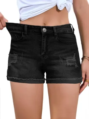 FEKOAFE 2025 Womens Casual Mid/High Waisted Denim Shorts Summer Stretchy Ripped Jean Shorts for Women
