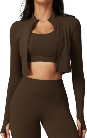 FEOYA Women Long Sleeve Full Zip Workout Crop Jacket Slim Fit Turtleneck Thumbhole Sports Track Jacket Ultra Short 2023