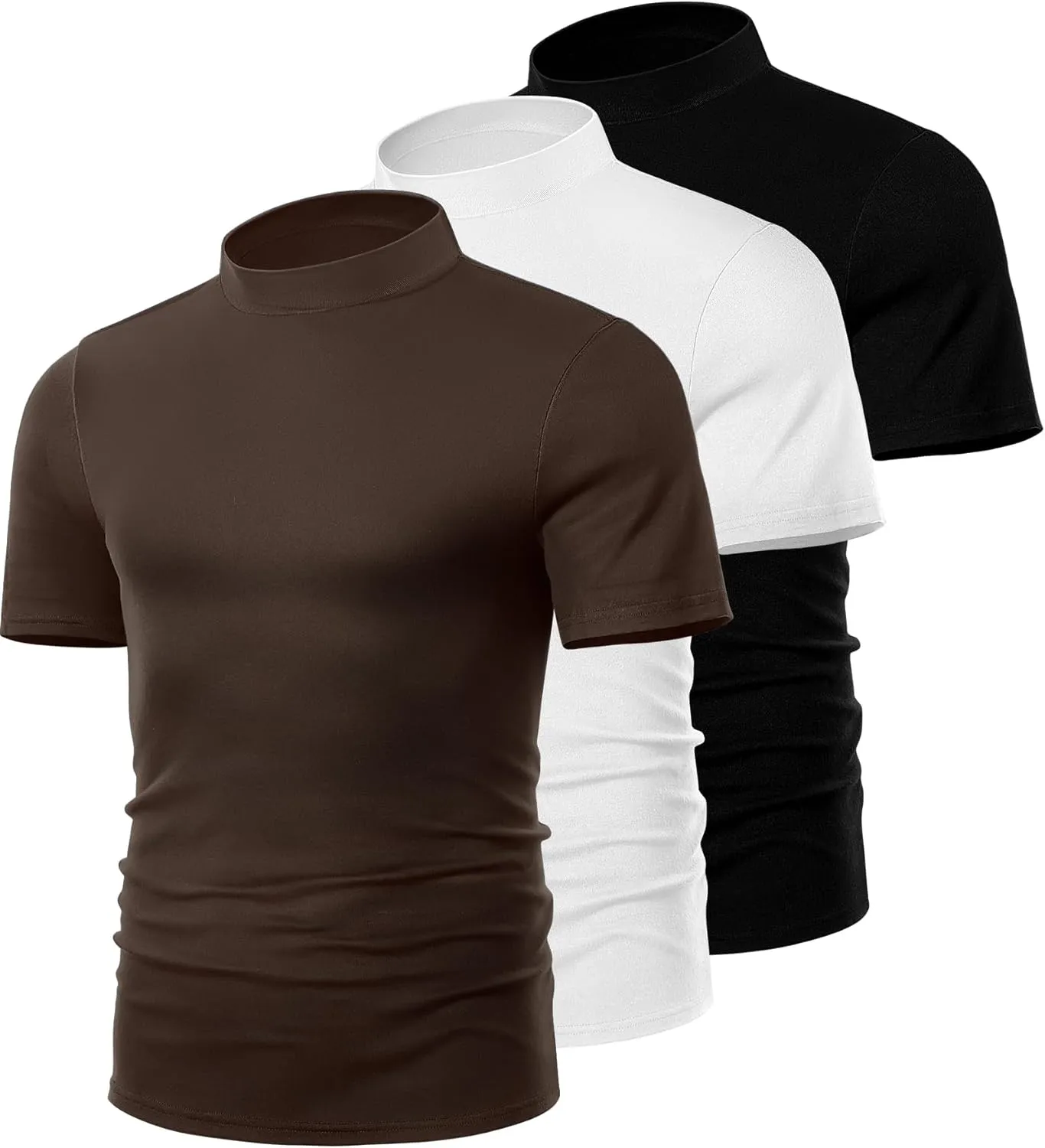 Ficerd 3 Pack Men's Mock Neck T Shirts, Cotton Short Sleeve Turtleneck Tee Shirts Slim Fit Basic Casual Solid Undershirt Tops