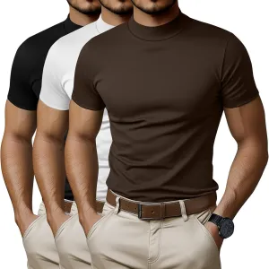 Ficerd 3 Pack Men's Mock Neck T Shirts, Cotton Short Sleeve Turtleneck Tee Shirts Slim Fit Basic Casual Solid Undershirt Tops