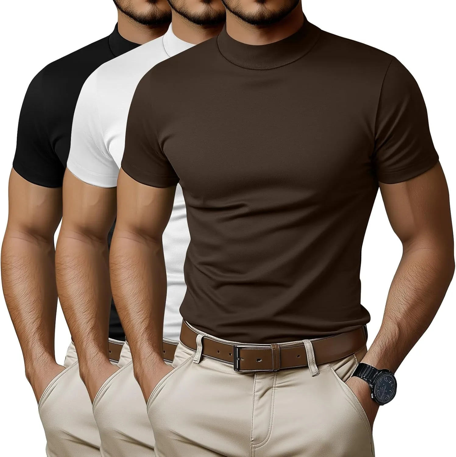 Ficerd 3 Pack Men's Mock Neck T Shirts, Cotton Short Sleeve Turtleneck Tee Shirts Slim Fit Basic Casual Solid Undershirt Tops