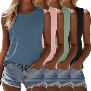 Ficerd 4 Pack Women's Sleeveless Tops, Casual Summer Loose Fit T Shirts Solid Color Tunic Tank Tops Ladies' Crew Neck Tee