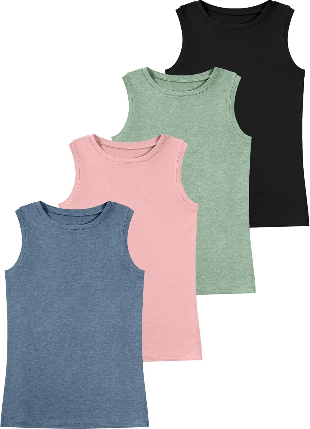 Ficerd 4 Pack Women's Sleeveless Tops, Casual Summer Loose Fit T Shirts Solid Color Tunic Tank Tops Ladies' Crew Neck Tee