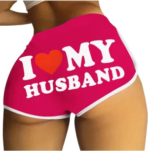 Firzero I Love My Husband Booty Shorts for Women Sexy High Waist Yoga Biker Shorts Soft Dance Hot Pants Butt Lifting Leggings
