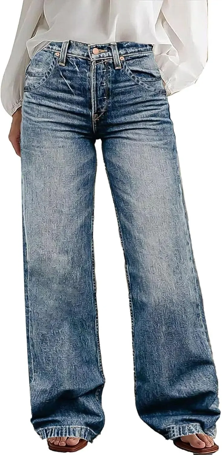 Flamingals Wide Leg Jeans for Women Mid Waist Baggy Stitch Decor Denim Washed Pants Without Belt Light Mid Blue Wash XL