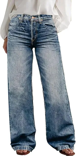 Flamingals Wide Leg Jeans for Women Mid Waist Baggy Stitch Decor Denim Washed Pants Without Belt Light Mid Blue Wash XL