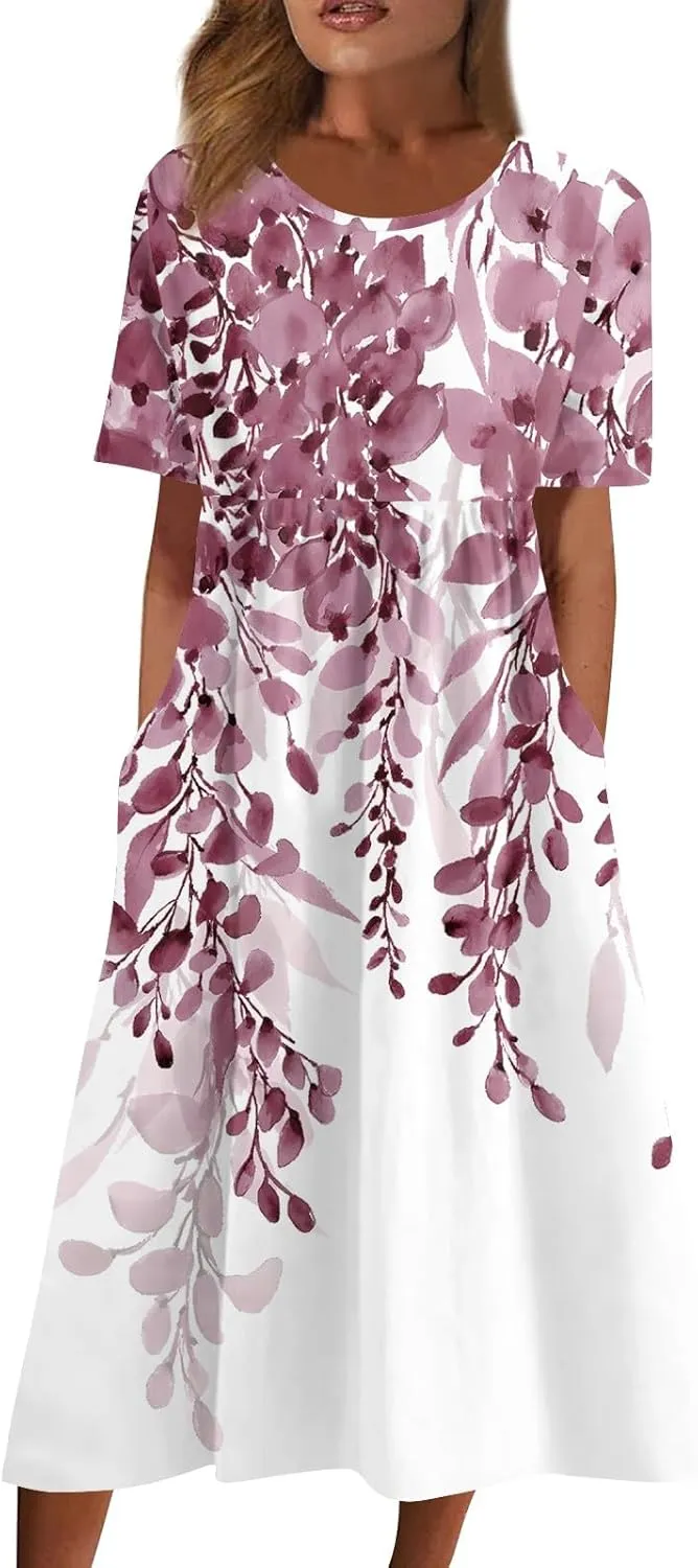 FlekmanArt Women's 2025 Summer Maxi Dress, Pocket Printed, Pleated Round Neck, Short Sleeve, Casual, Long Dress