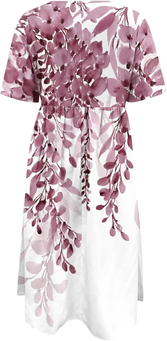 FlekmanArt Women's 2025 Summer Maxi Dress, Pocket Printed, Pleated Round Neck, Short Sleeve, Casual, Long Dress