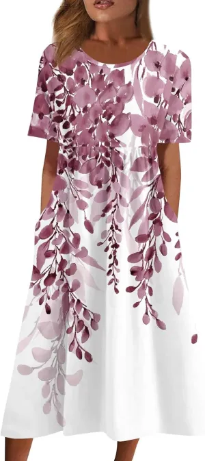 FlekmanArt Women's 2025 Summer Maxi Dress, Pocket Printed, Pleated Round Neck, Short Sleeve, Casual, Long Dress