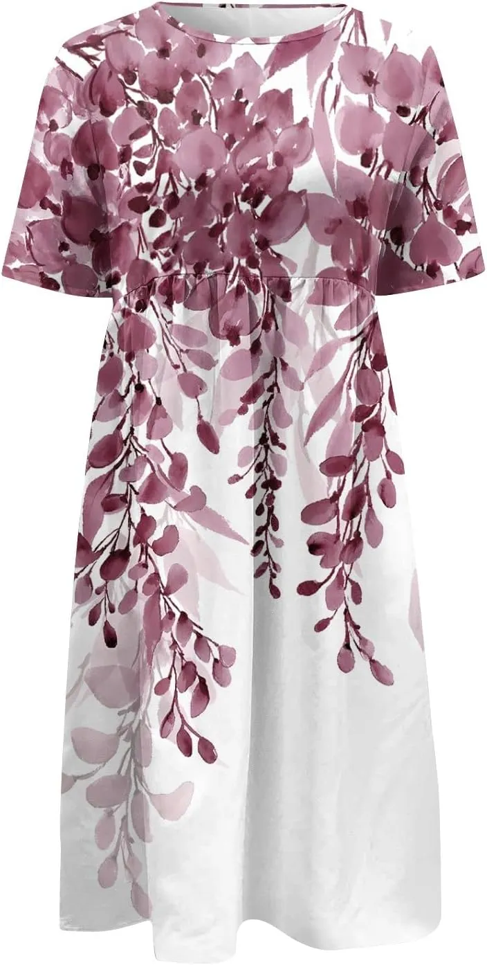FlekmanArt Women's 2025 Summer Maxi Dress, Pocket Printed, Pleated Round Neck, Short Sleeve, Casual, Long Dress