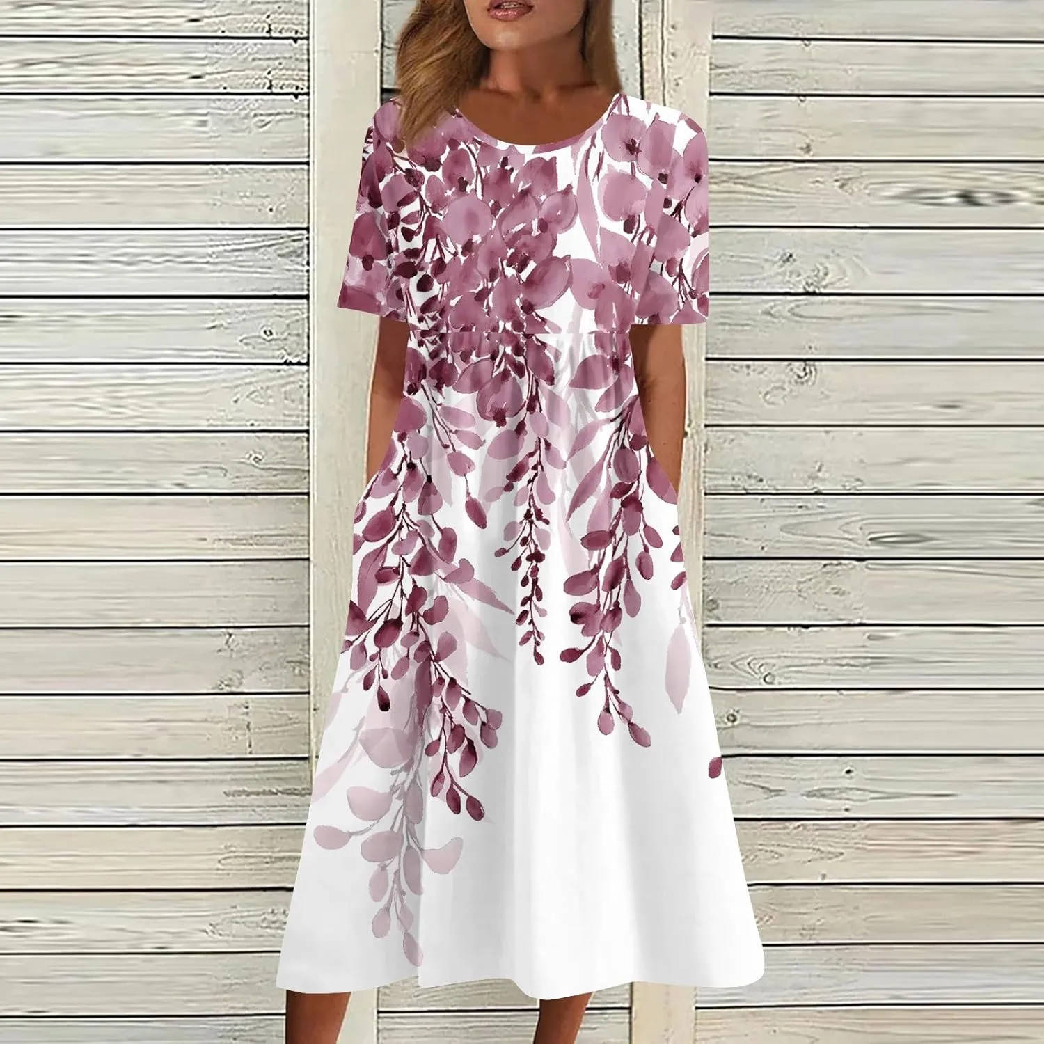 FlekmanArt Women's 2025 Summer Maxi Dress, Pocket Printed, Pleated Round Neck, Short Sleeve, Casual, Long Dress