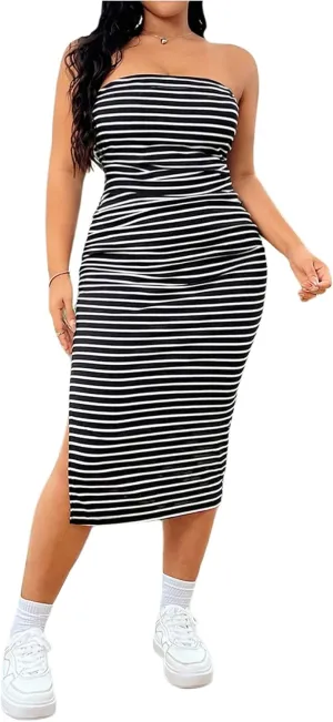 Floerns Women's Plus Size Striped Strapless Tube Dress Slit Bodycon Midi Dresses