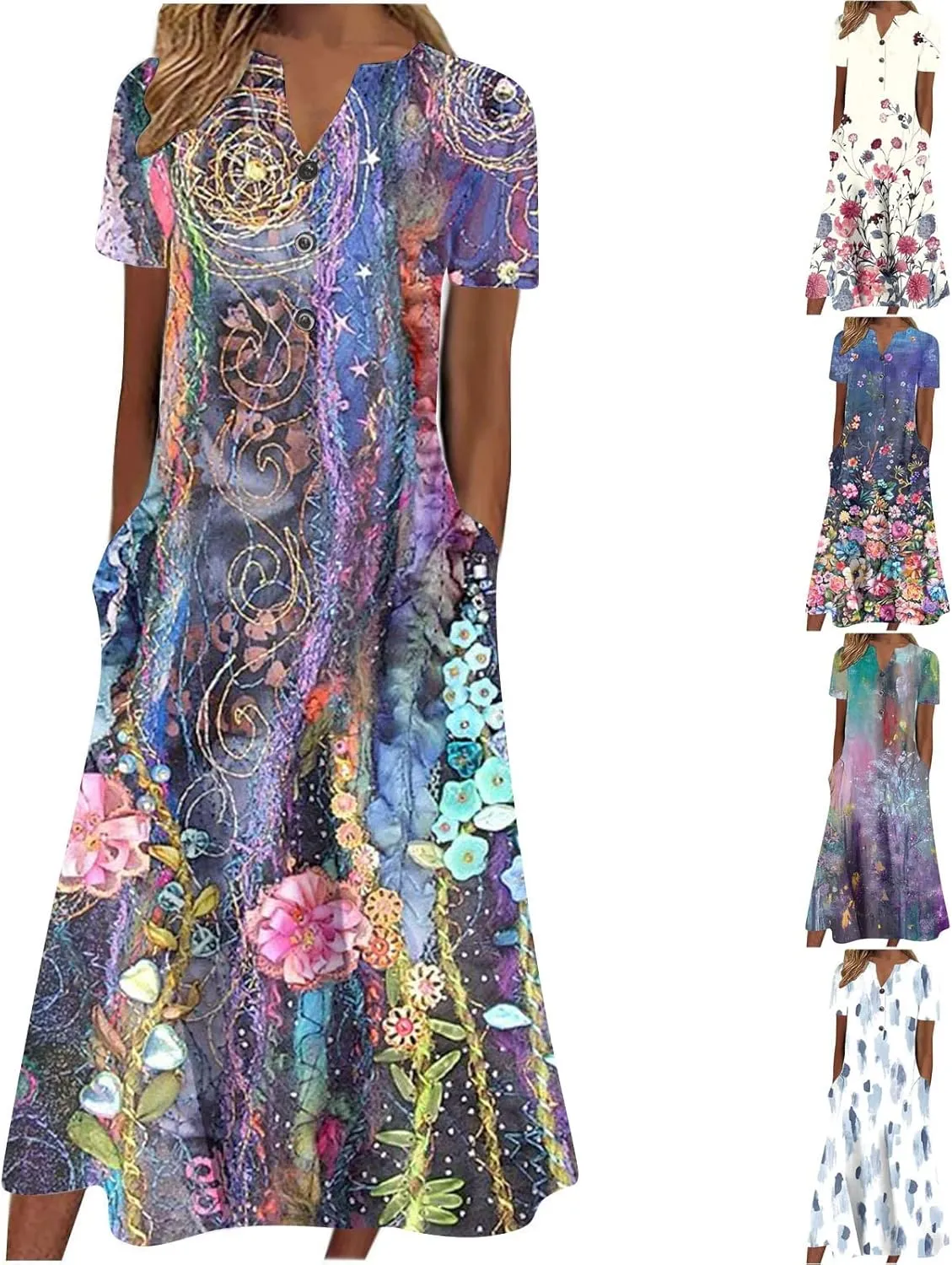 Floral Dress for Women V Neck Summer Elegant Plus Size Flowy Casual Smocked Short Sleeve Button Down Midi Dress