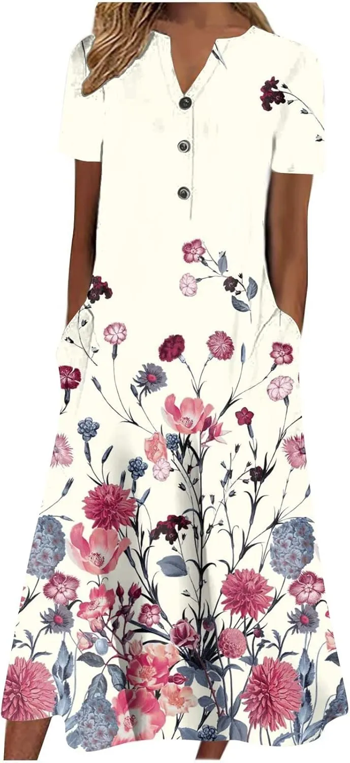 Floral Dress for Women V Neck Summer Elegant Plus Size Flowy Casual Smocked Short Sleeve Button Down Midi Dress
