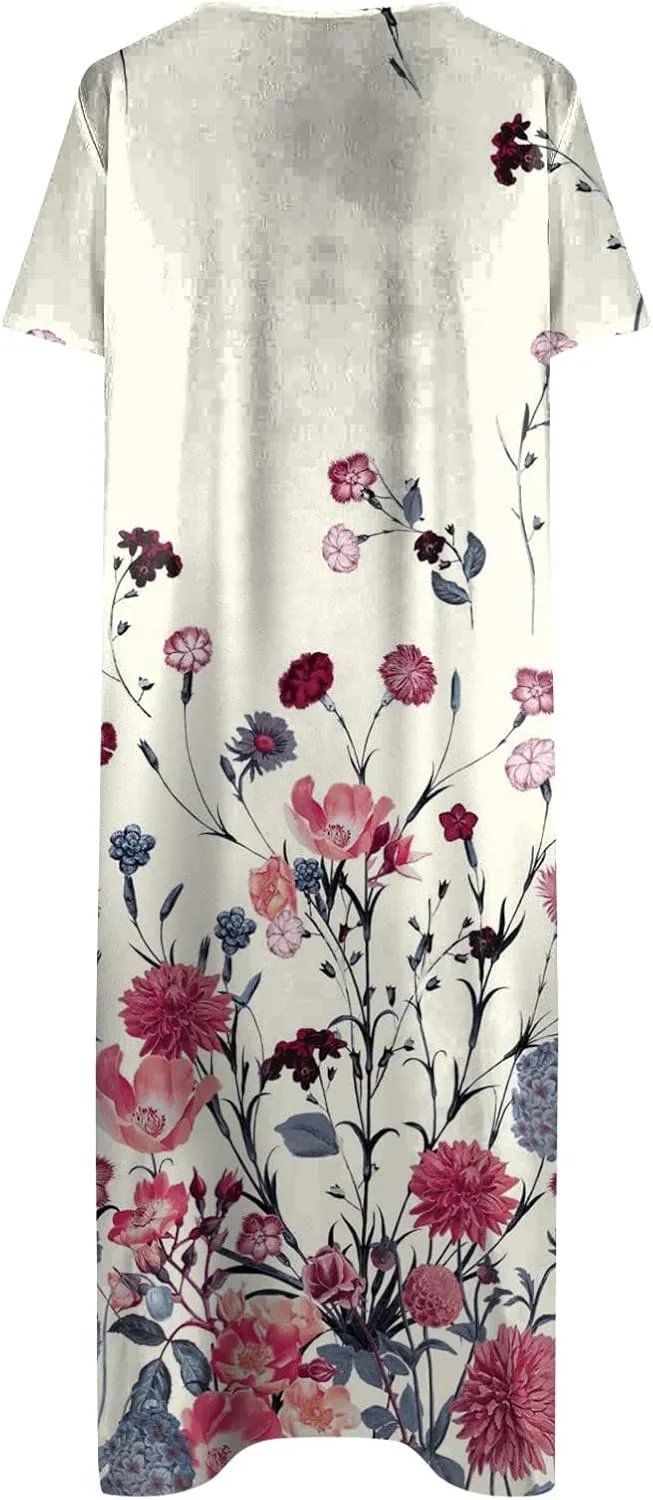 Floral Dress for Women V Neck Summer Elegant Plus Size Flowy Casual Smocked Short Sleeve Button Down Midi Dress