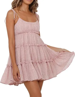 Floral Sundress for Women Cute Spaghetti Strap A Line Chiffon Mini Dress Boho Summer Casual Tiered Sundresses