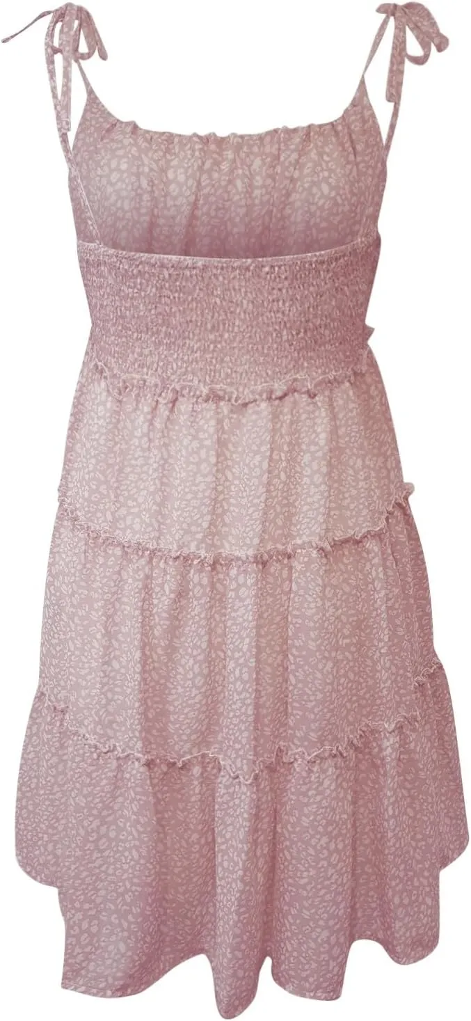 Floral Sundress for Women Cute Spaghetti Strap A Line Chiffon Mini Dress Boho Summer Casual Tiered Sundresses
