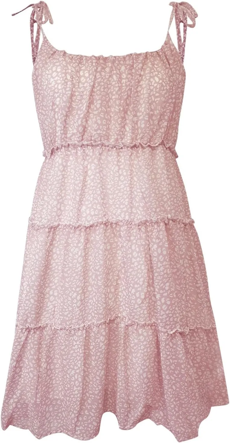 Floral Sundress for Women Cute Spaghetti Strap A Line Chiffon Mini Dress Boho Summer Casual Tiered Sundresses