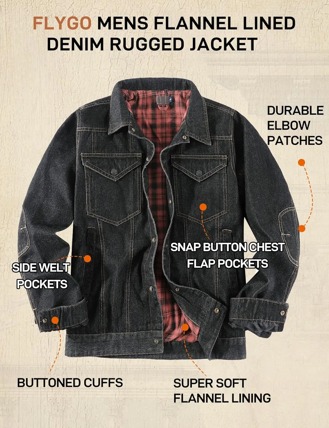Flygo Mens Flannel Lined Denim Jacket Snap Cowboy Cut Western Classic Slim Fit Vintage Heavy Duty Jacket Trucker Coat