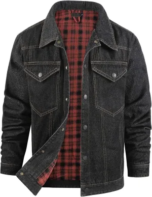 Flygo Mens Flannel Lined Denim Jacket Snap Cowboy Cut Western Classic Slim Fit Vintage Heavy Duty Jacket Trucker Coat