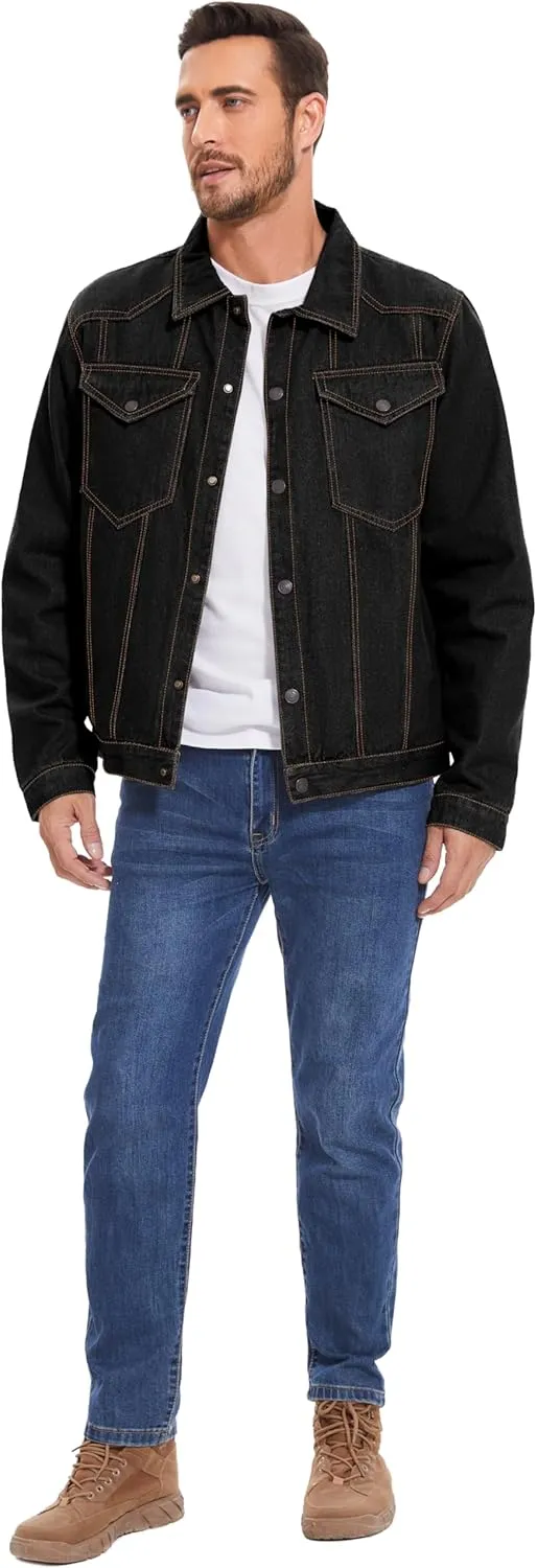 Flygo Mens Flannel Lined Denim Jacket Snap Cowboy Cut Western Classic Slim Fit Vintage Heavy Duty Jacket Trucker Coat