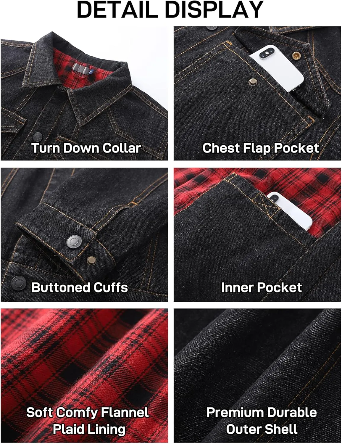 Flygo Mens Flannel Lined Denim Jacket Snap Cowboy Cut Western Classic Slim Fit Vintage Heavy Duty Jacket Trucker Coat