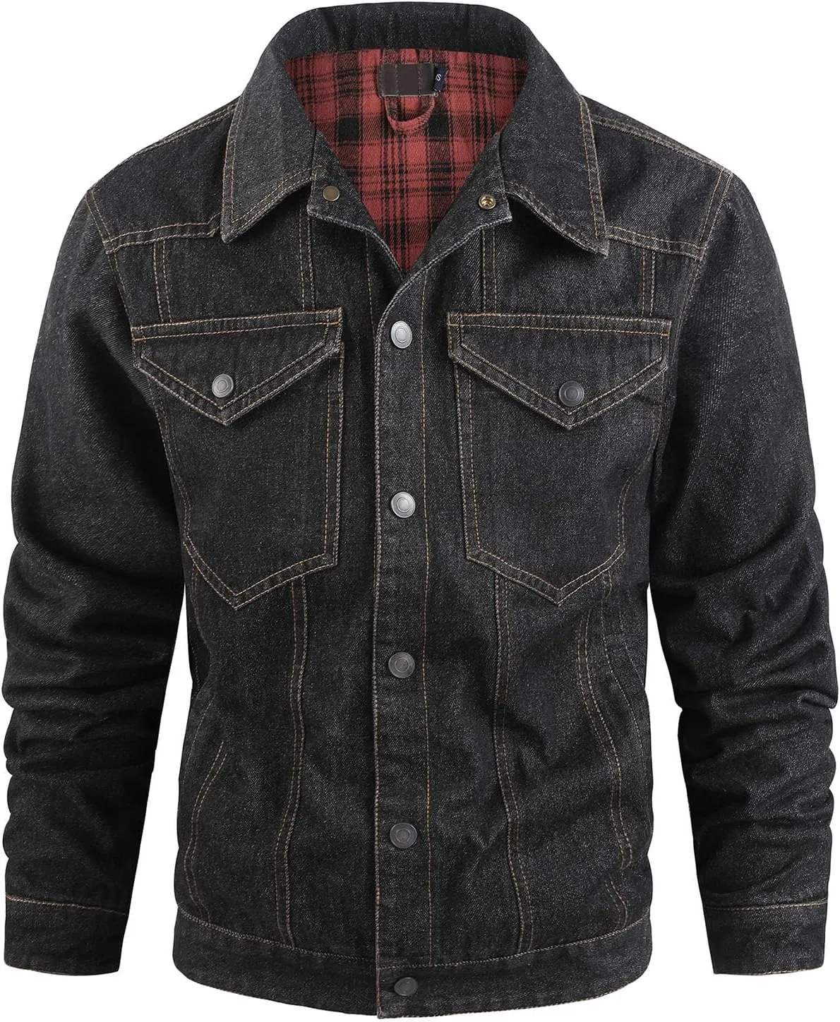 Flygo Mens Flannel Lined Denim Jacket Snap Cowboy Cut Western Classic Slim Fit Vintage Heavy Duty Jacket Trucker Coat