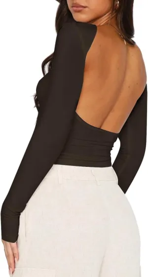ForeFair Women Sexy Backless Short Sleeve Slim Fit Crewneck Summer Casual Y2K Crop Tee