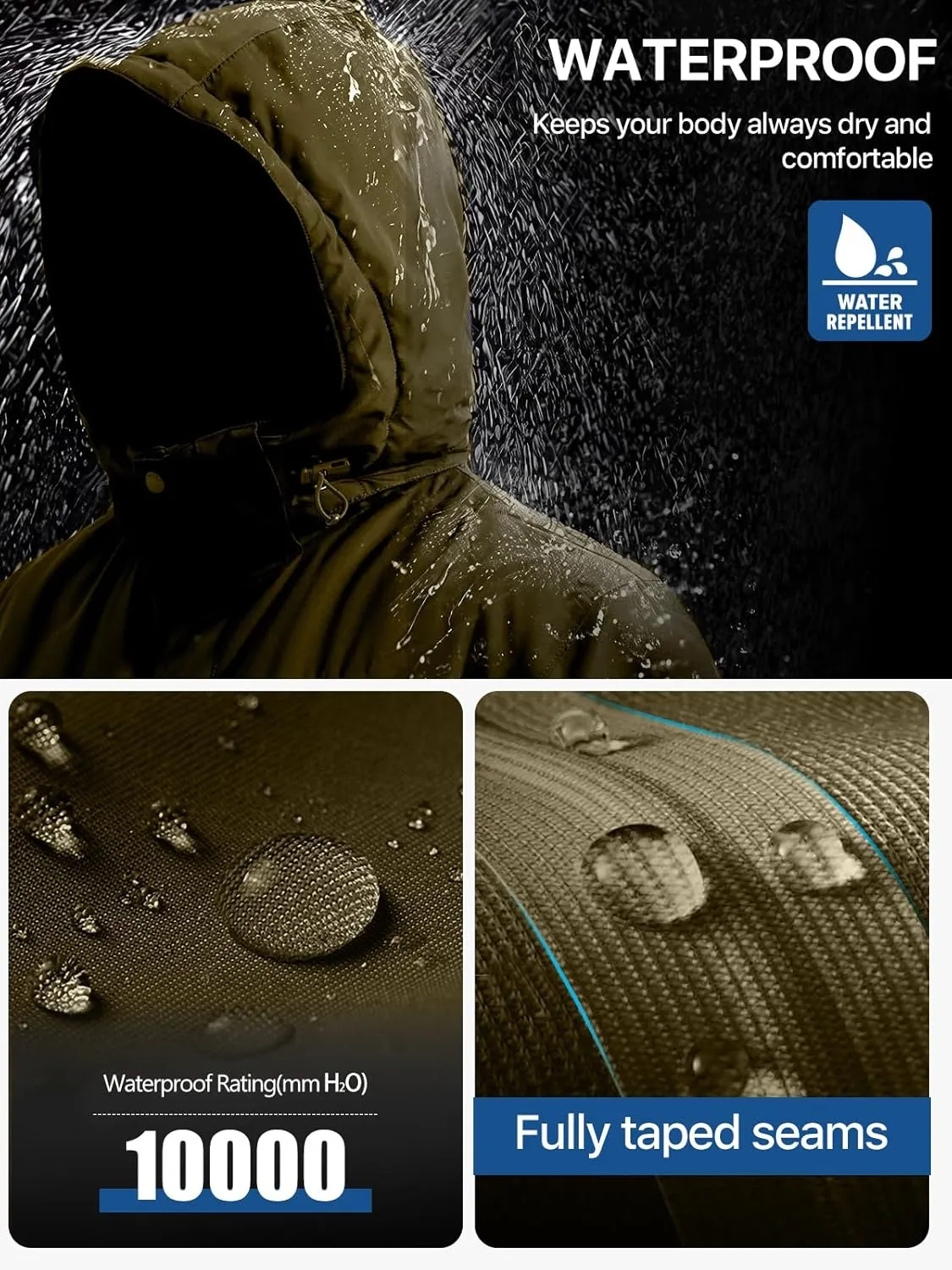 FREE SOLDIER Men's Waterproof Ski Jacket Fleece Lined Warm Winter Snow Coat with Hood Fully Taped Seams