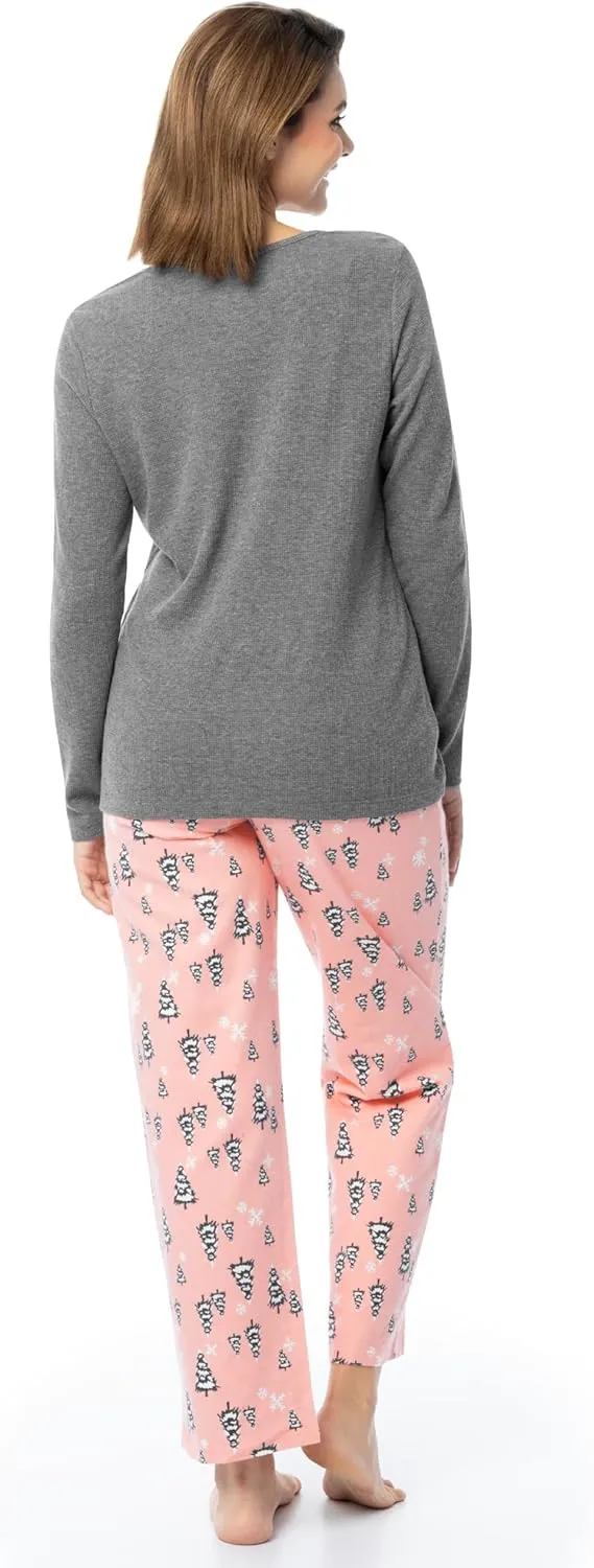 Fruit of the Loom Women's Waffle V-neck Top and Flannel Pant Sleep Set