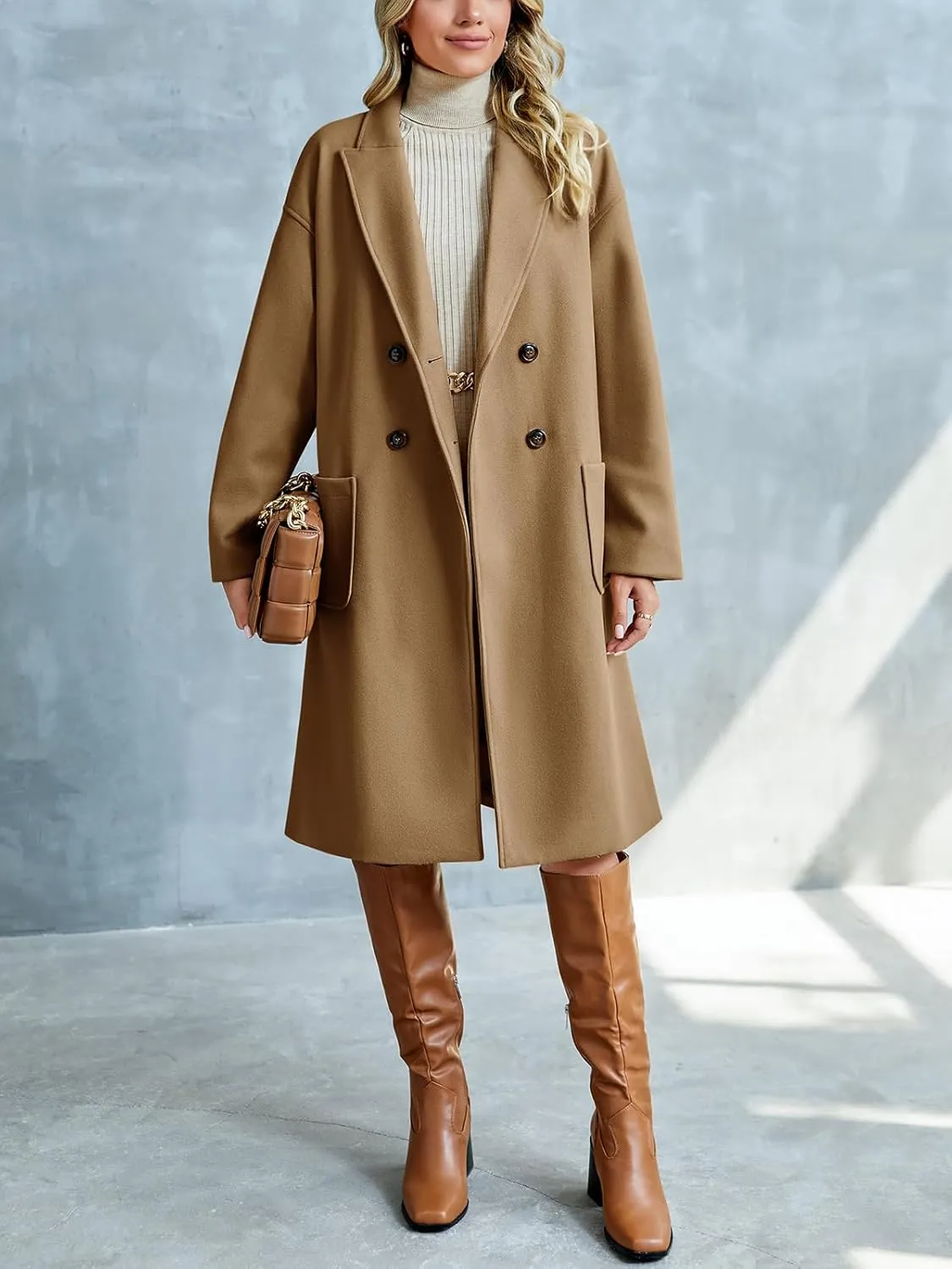 FSHAOES Womens Lapel Peacoat Winter Double-Breasted Outerwear Mid Long Jacket Casual Trench Coat