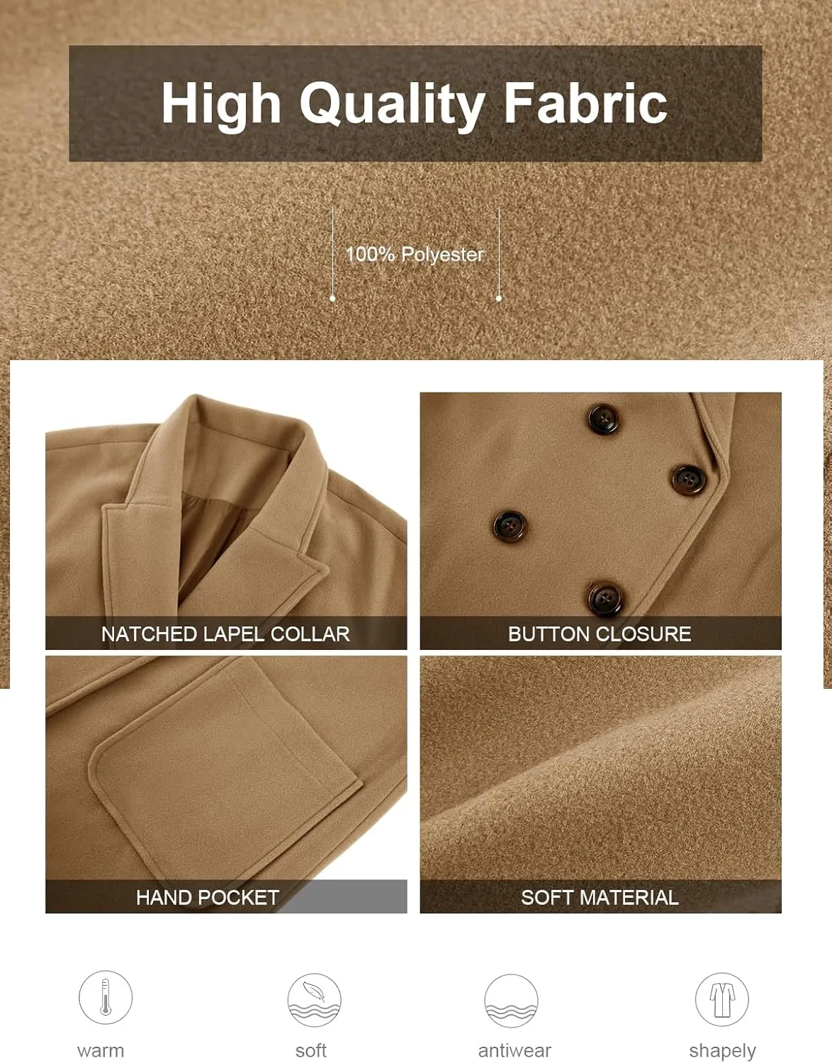FSHAOES Womens Lapel Peacoat Winter Double-Breasted Outerwear Mid Long Jacket Casual Trench Coat