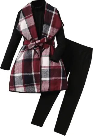 Girl's 3 Piece Outfits Plaid Flannel Waterfall Collar Belted Vest Coat Long Sleeve Mock Neck Tee Top and Leggings Set