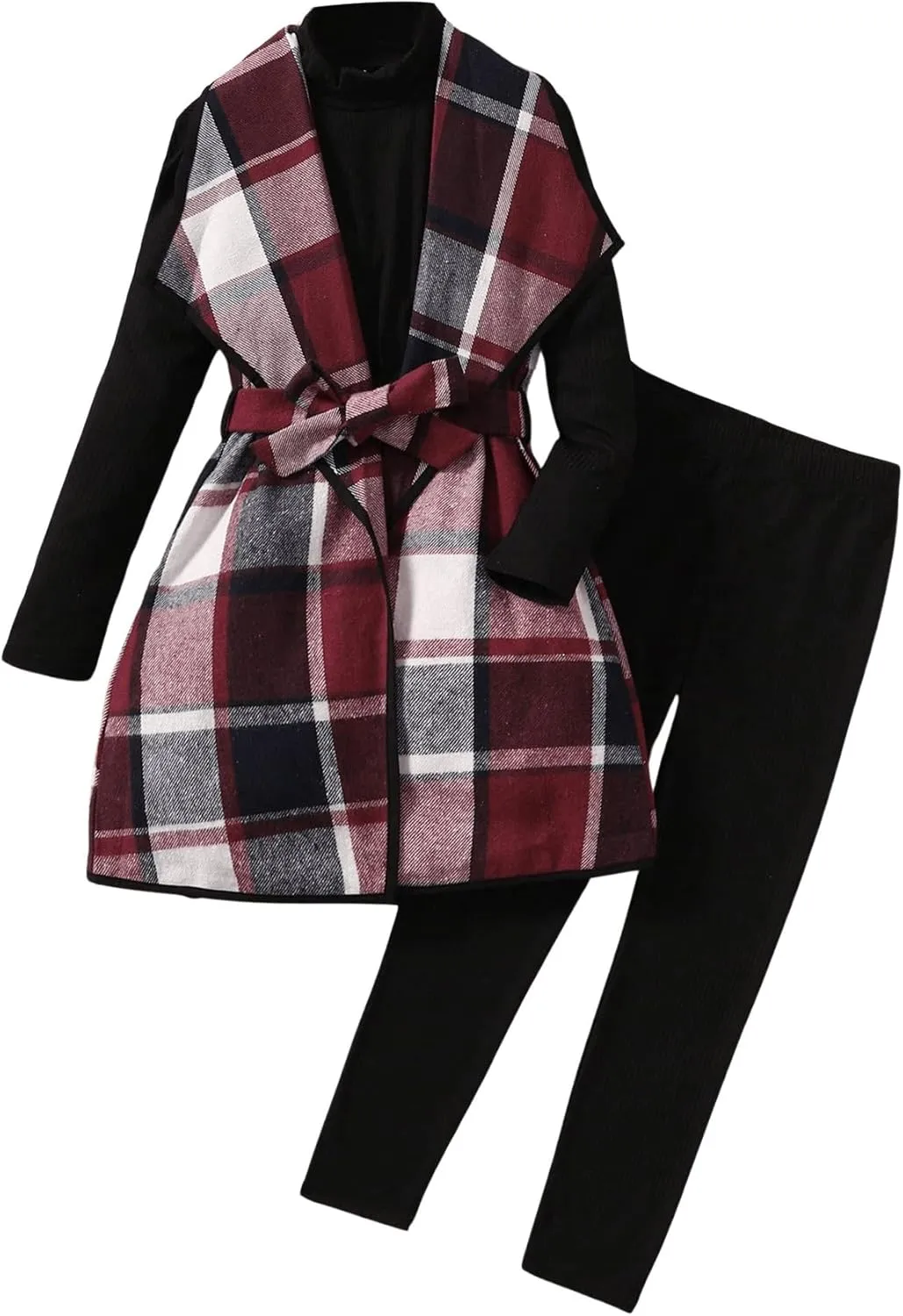 Girl's 3 Piece Outfits Plaid Flannel Waterfall Collar Belted Vest Coat Long Sleeve Mock Neck Tee Top and Leggings Set