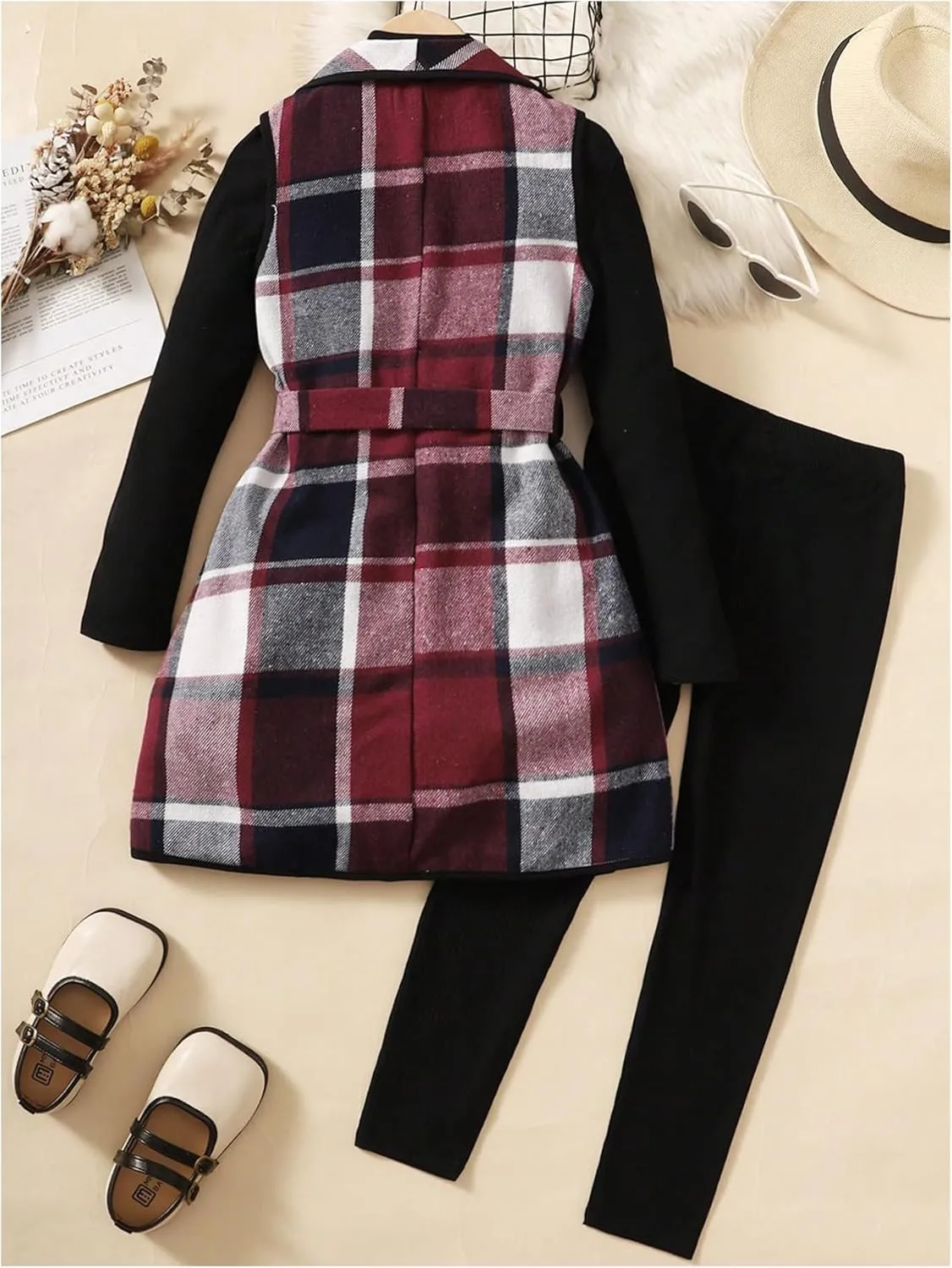 Girl's 3 Piece Outfits Plaid Flannel Waterfall Collar Belted Vest Coat Long Sleeve Mock Neck Tee Top and Leggings Set