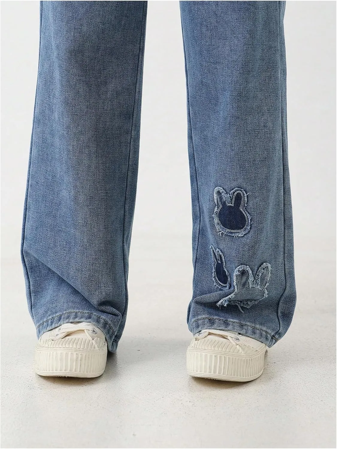 Girl's Animal Pattern Elastic High Waist Jeans Straight Leg Loose Denim Pants