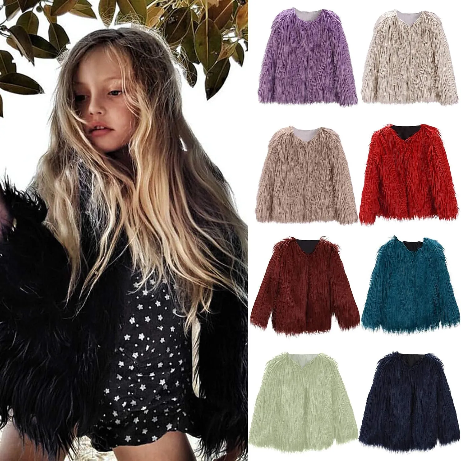 Girls Faux-Fur Jacket Winter Shaggy Dress Coats Thick Warm Fashion Purple Cool Clothes Costume Kids 3-10 Years