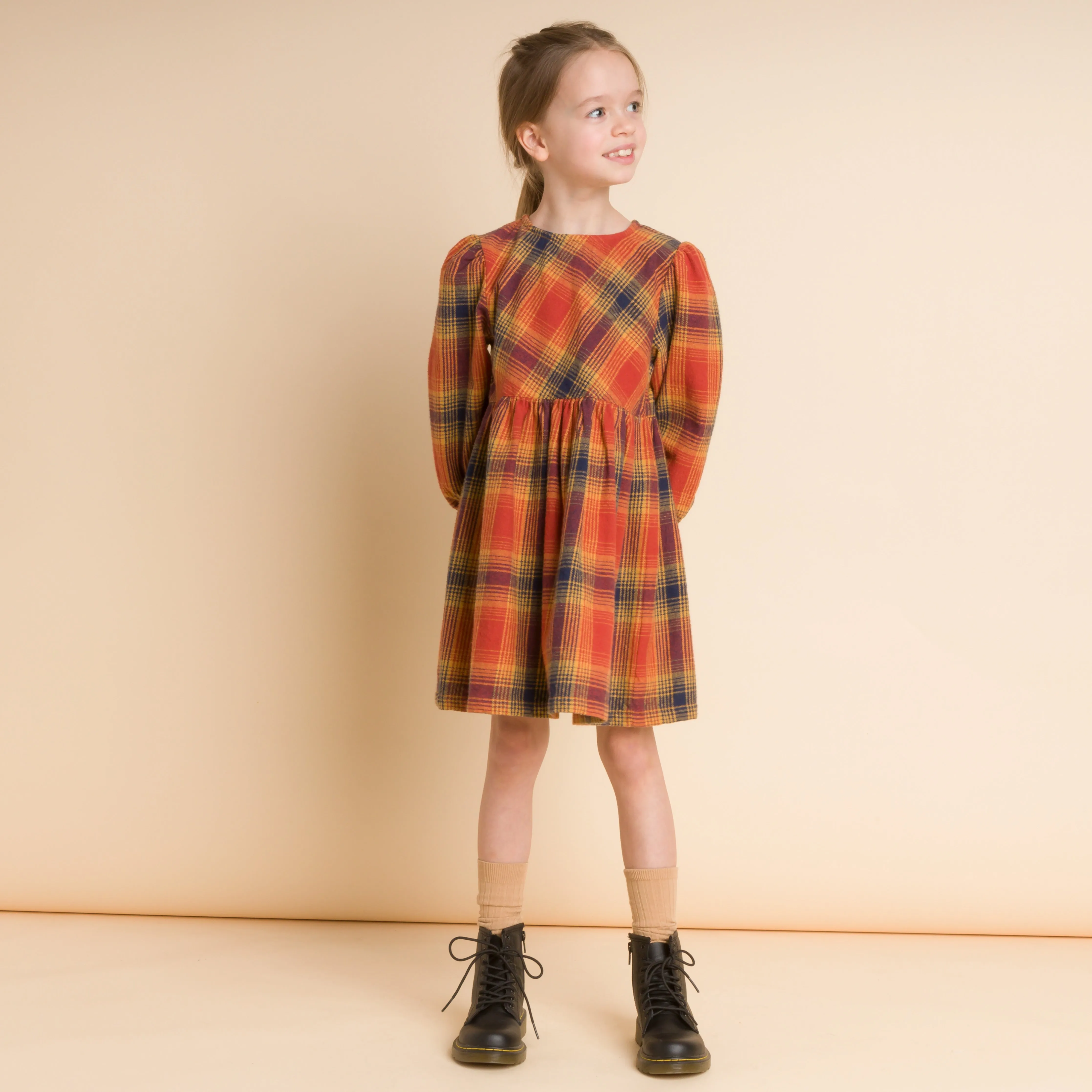 Girls' Long Sleeve Plaid Flannel Dress, Orange