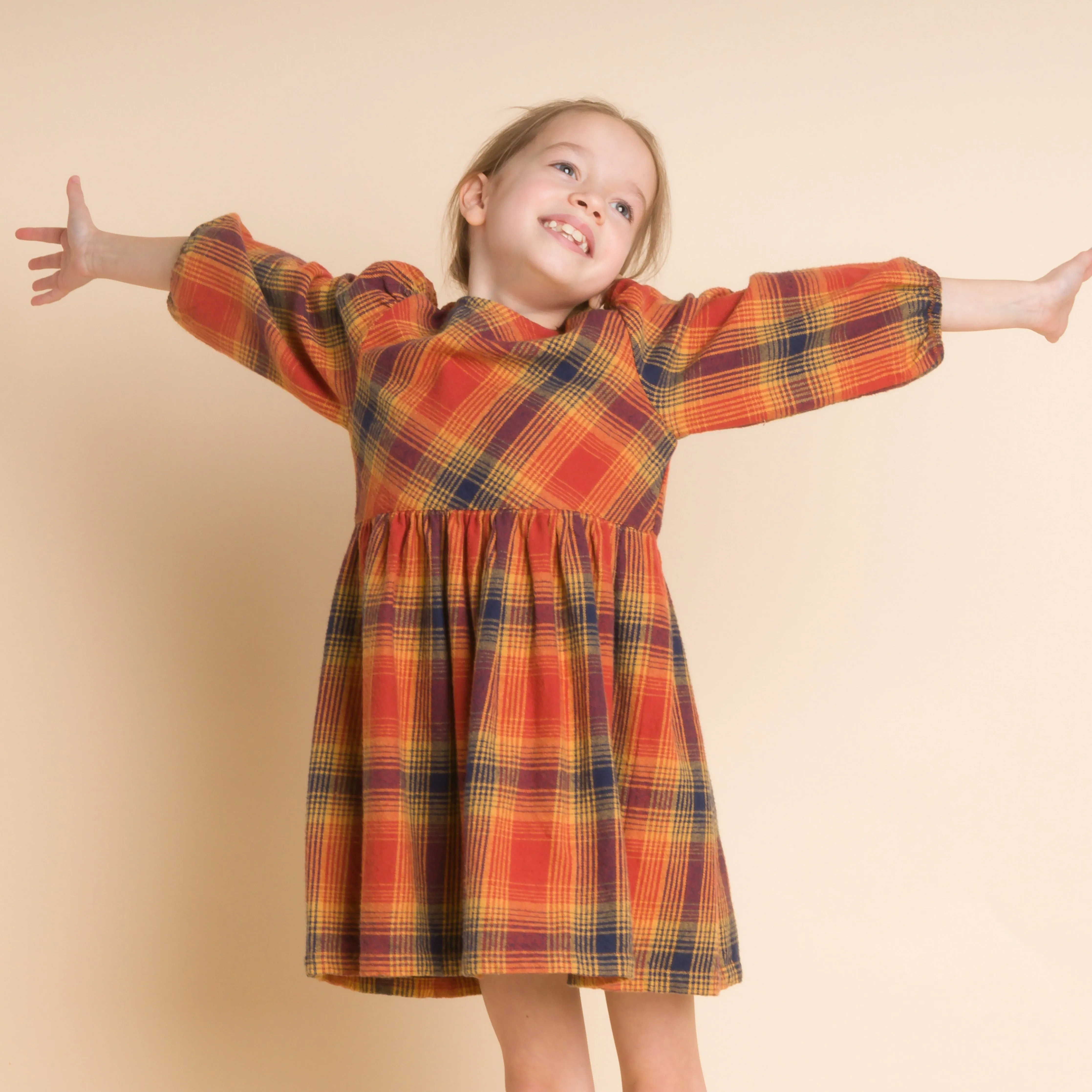 Girls' Long Sleeve Plaid Flannel Dress, Orange