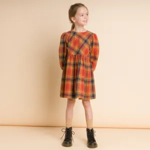 Girls' Long Sleeve Plaid Flannel Dress, Orange