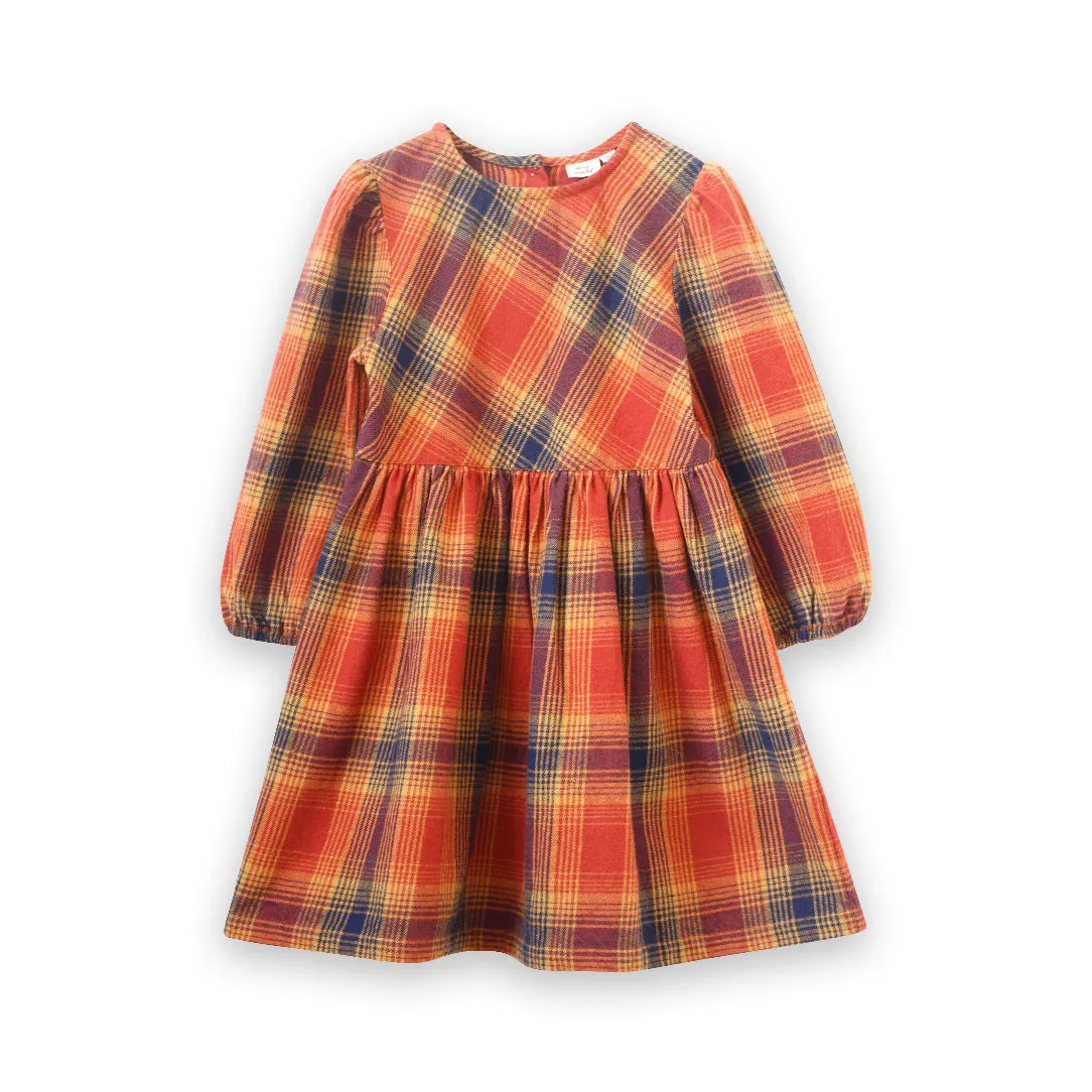 Girls' Long Sleeve Plaid Flannel Dress, Orange